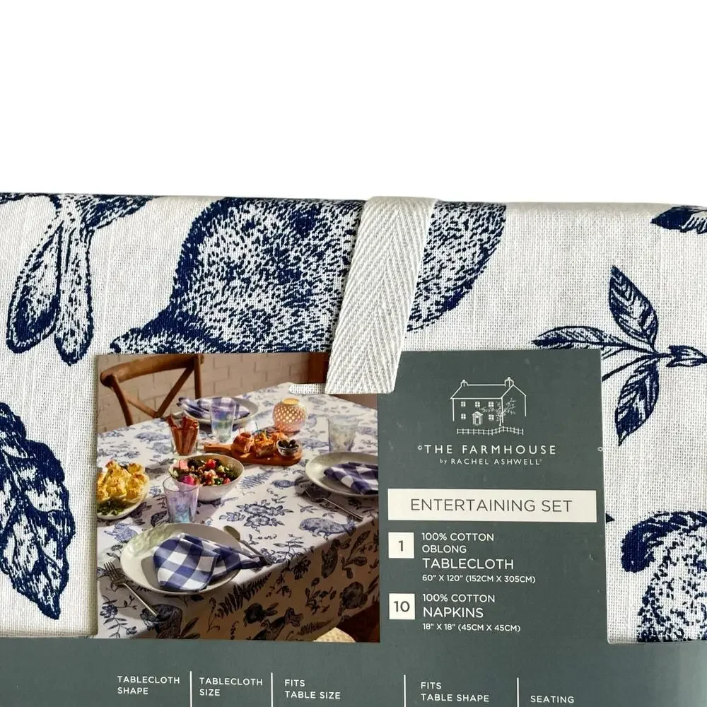11pc Farmhouse Easter Bunny Tablecloth 60x120 Gingham Napkin Set Blue White NEW